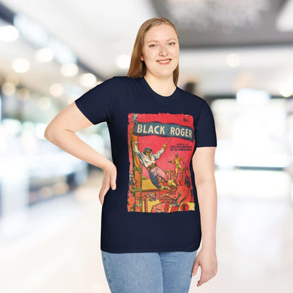 Close-up of the Black Roger No.1 1952 unisex softstyle T-shirt collar showing reinforced neckline and smooth fabric texture