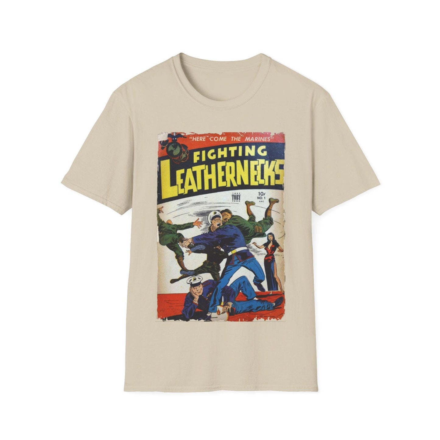 Close-up of the Fighting Leathernecks unisex softstyle T-shirt collar showing the reinforced stitching and deep crew