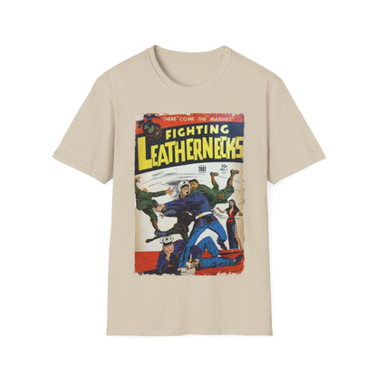 Close-up of the Fighting Leathernecks unisex softstyle T-shirt collar showing the reinforced stitching and deep crew