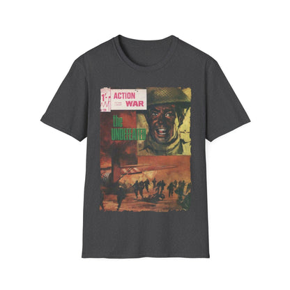 Close-up of the unisex softstyle T-shirt’s smooth cotton fabric and relaxed fit, showcasing vibrant blue color and crew