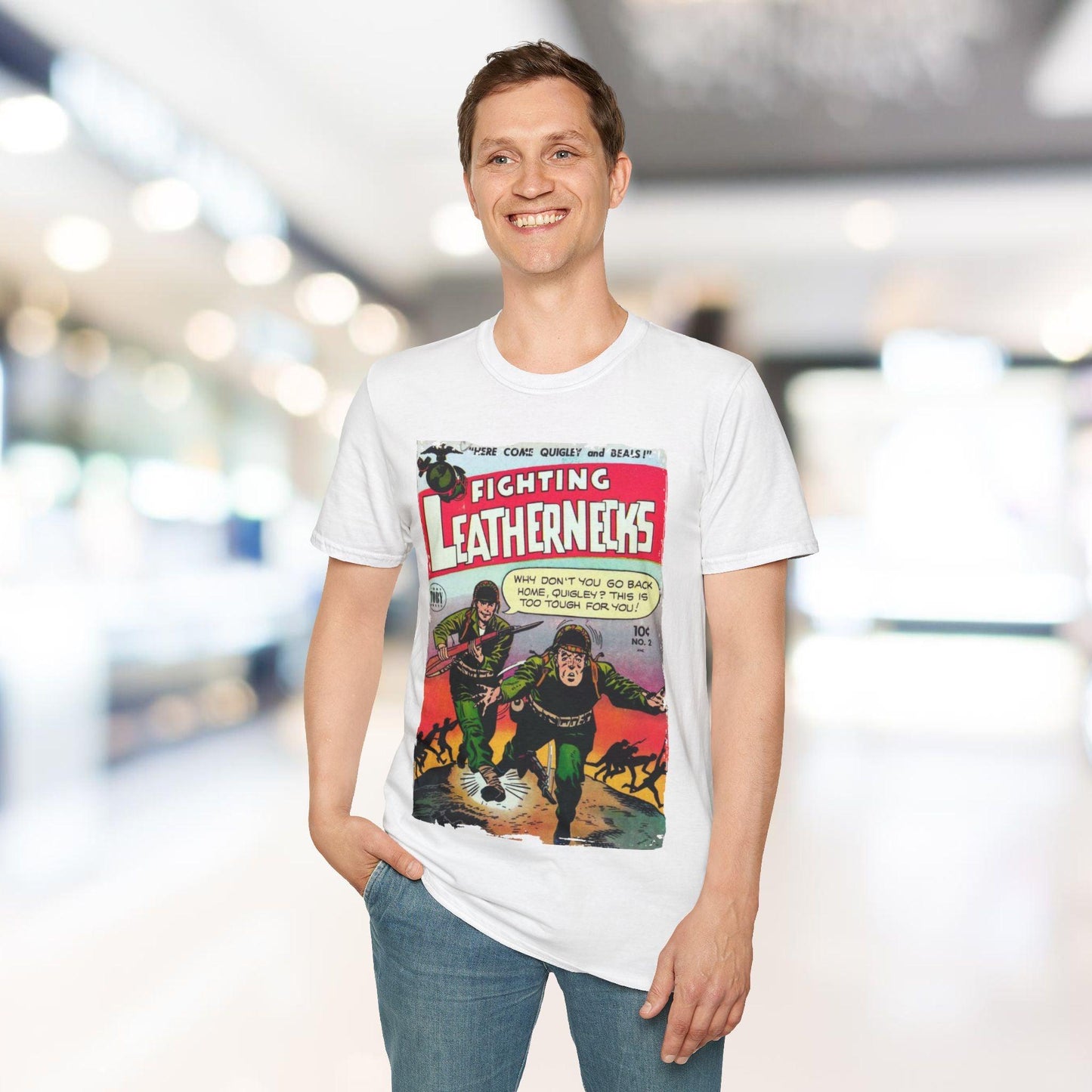 Close-up of the unisex softstyle T-shirt's fabric texture showing relaxed fit and vibrant green color from a slightly angled