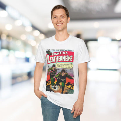 Close-up of the unisex softstyle T-shirt's fabric texture showing relaxed fit and vibrant green color from a slightly angled