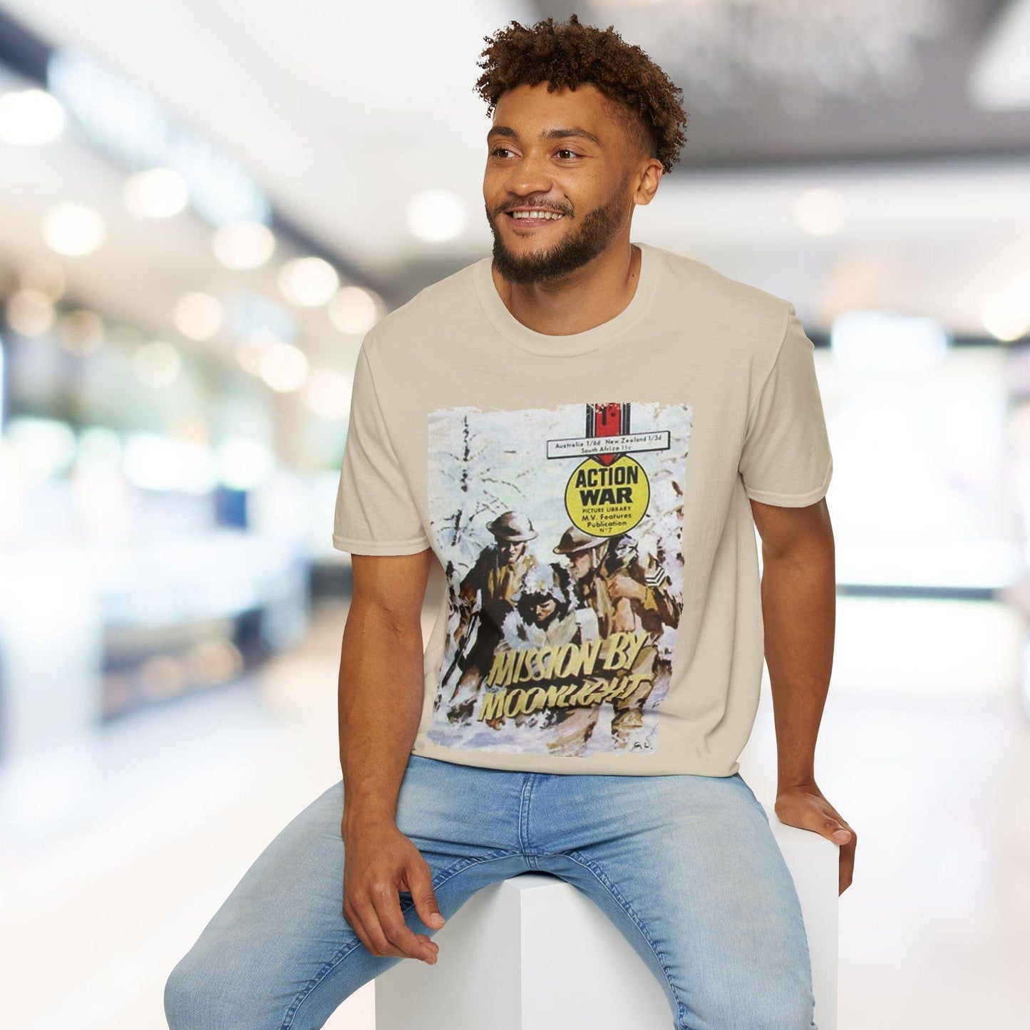 Close-up of the unisex softstyle T-shirt's neckline showing reinforced stitching and smooth fabric texture in vibrant black