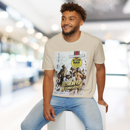 Close-up of the unisex softstyle T-shirt's neckline showing reinforced stitching and smooth fabric texture in vibrant black