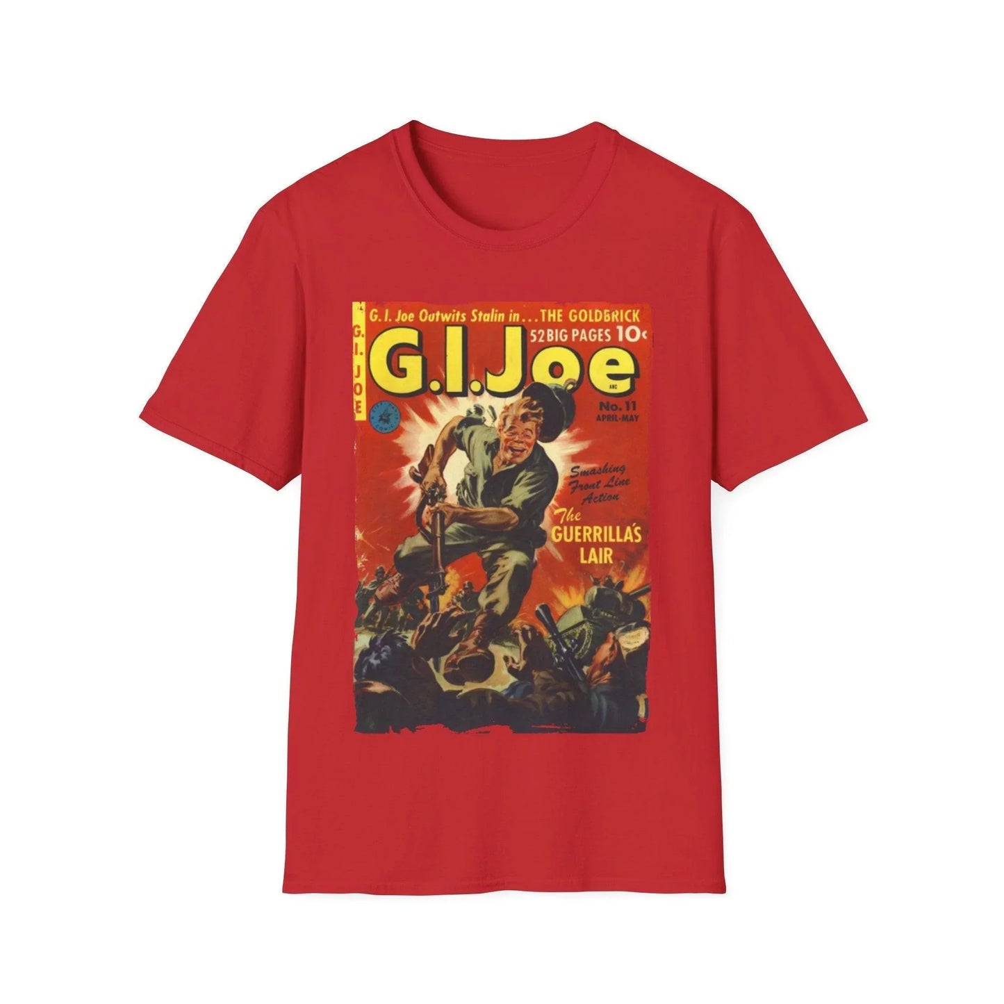 Close-up of the G.I. Joe No.11 Apr softstyle T-shirt’s neckline and stitched hem in vibrant red cotton fabric, relaxed fit