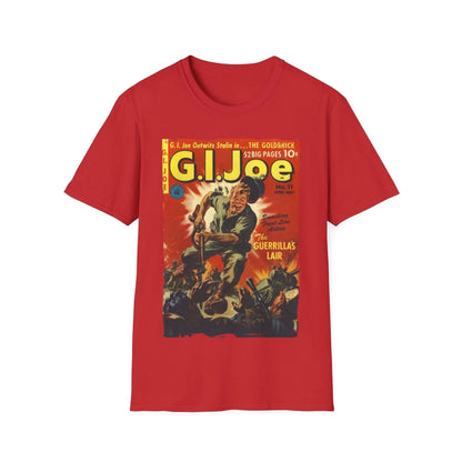 Close-up of the G.I. Joe No.11 Apr softstyle T-shirt’s neckline and stitched hem in vibrant red cotton fabric, relaxed fit