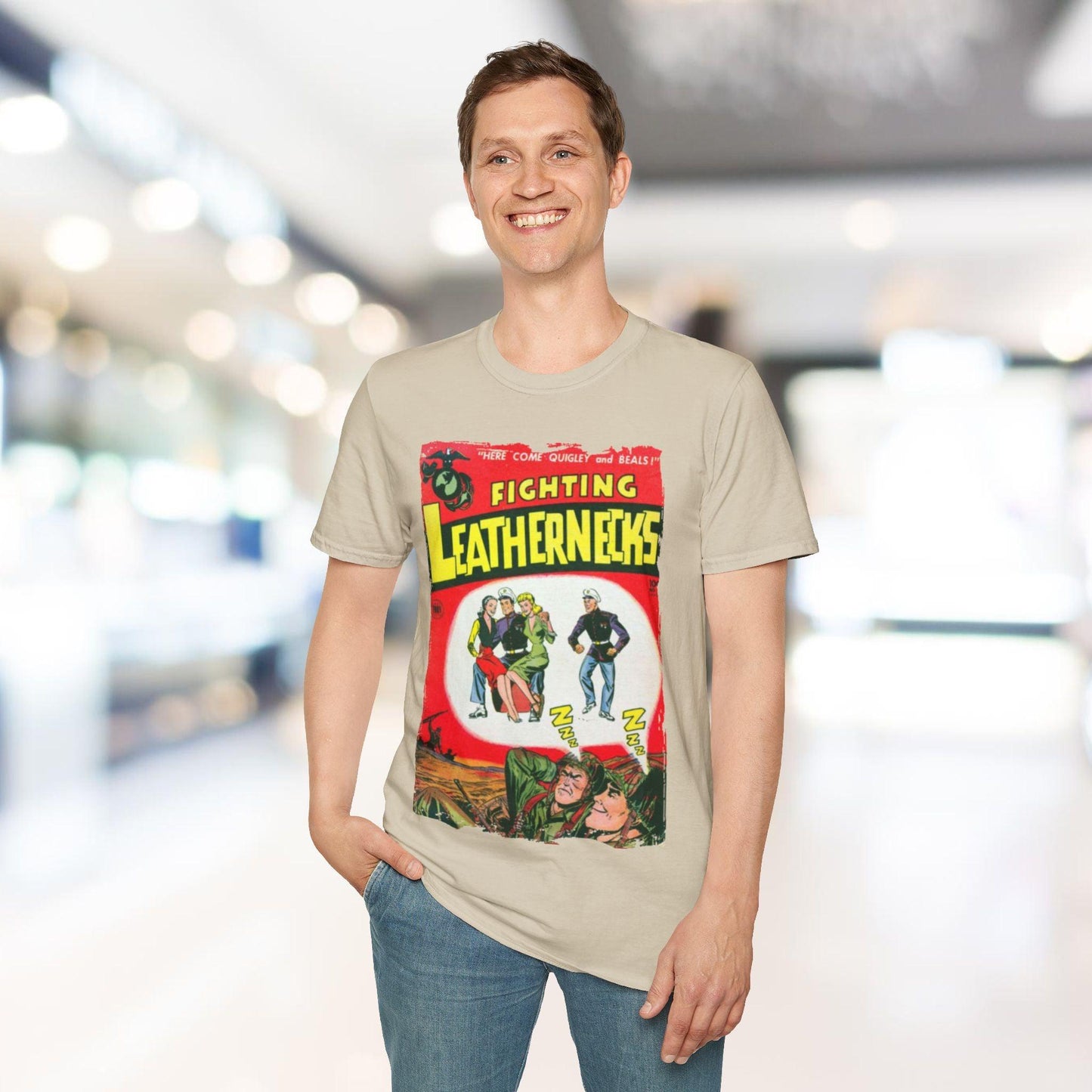 Close-up of the unisex Softstyle T-shirt’s collar stitching and smooth fabric texture from a top-front angle in vibrant