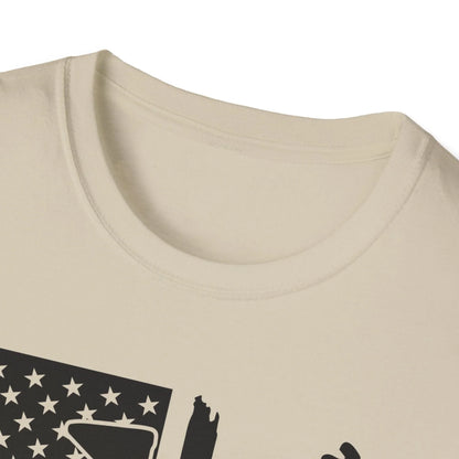 Close-up of the distressed black and white American flag pattern on the softstyle cotton fabric, highlighting the textured