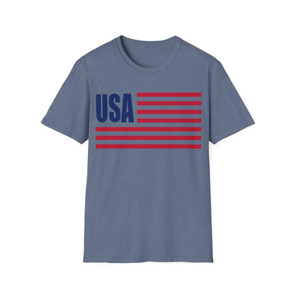 Close-up of the American Flag USA colors printed on the relaxed fit, crew neckline, unisex softstyle T-shirt fabric with