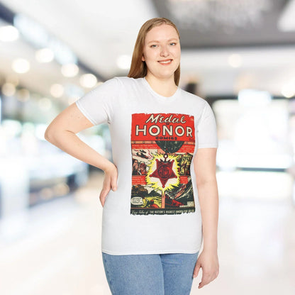 Close-up of the unisex softstyle T-shirt’s collar showing double-stitched neckline and cotton blend fabric texture in black