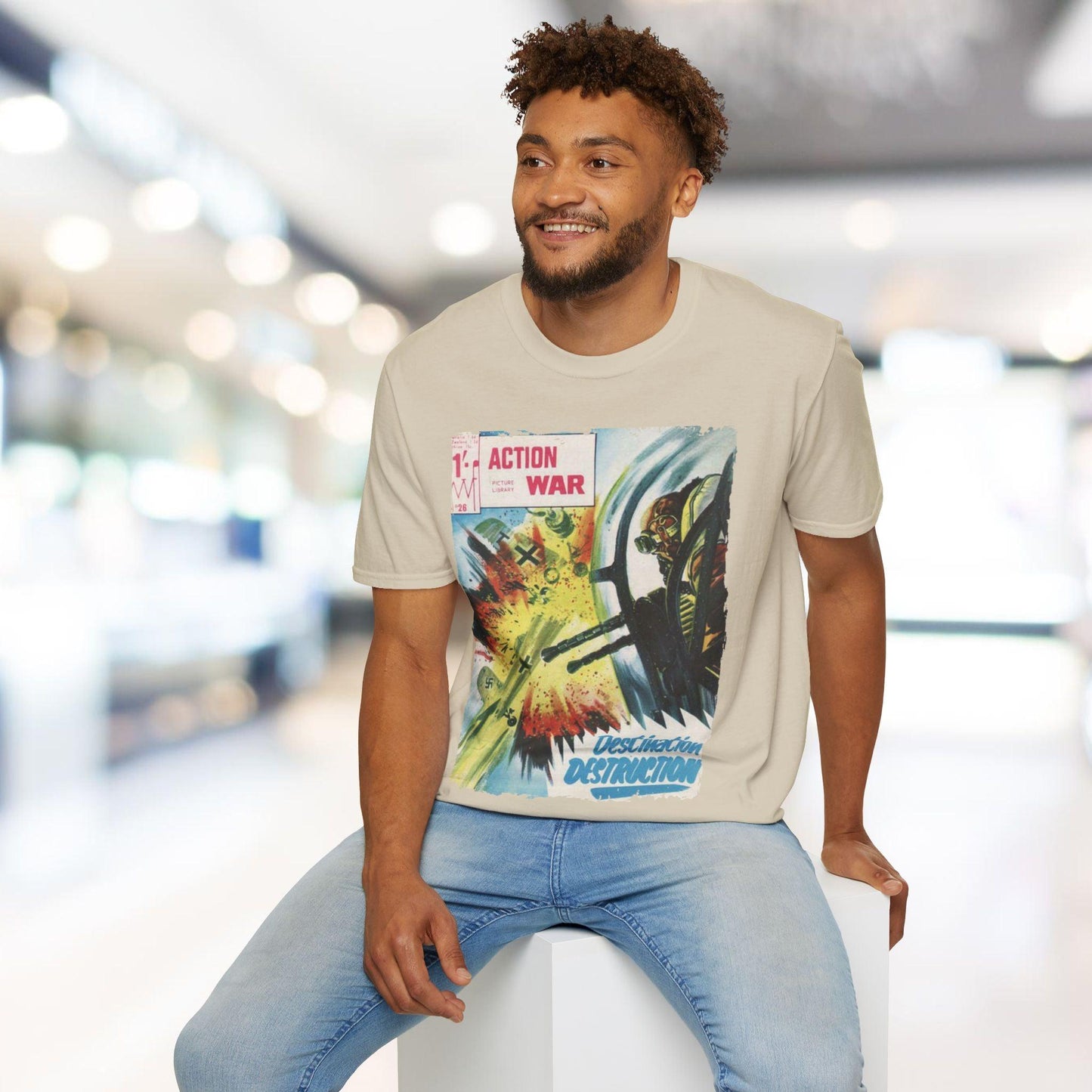 Close-up of the charcoal gray, soft cotton fabric with visible stitching along the relaxed fit neckline and rolled short