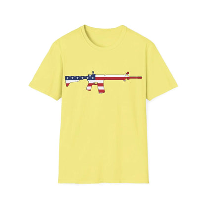 Close-up of the AR American Flag Color T-Shirt neckline featuring reinforced stitching and vibrant fabric highlights