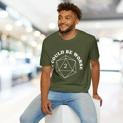 Close-up of the white unisex softstyle T-shirt fabric displaying smooth texture and subtle stitching around the crew