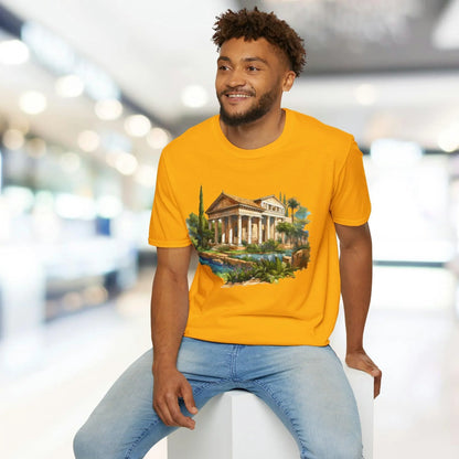 Close-up of the unisex relaxed fit T-shirt's fabric texture and stitching detail at the neckline in charcoal gray color.