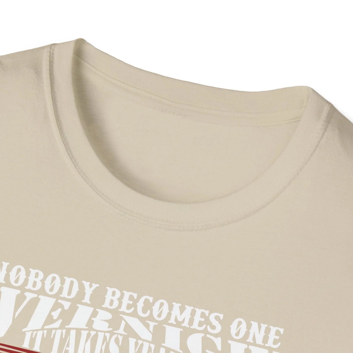 Close-up of the unisex softstyle T-shirt’s subtle heather blue fabric weave and relaxed crew neckline from a front angle.