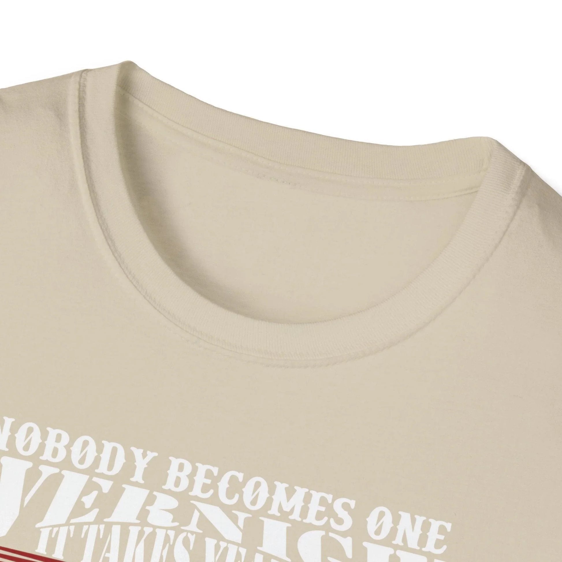 Close-up of the unisex softstyle T-shirt’s subtle heather blue fabric weave and relaxed crew neckline from a front angle.