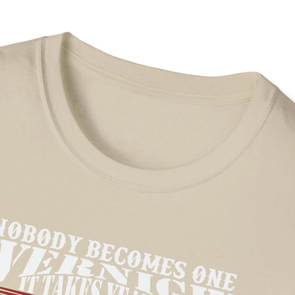 Close-up of the unisex softstyle T-shirt’s subtle heather blue fabric weave and relaxed crew neckline from a front angle.