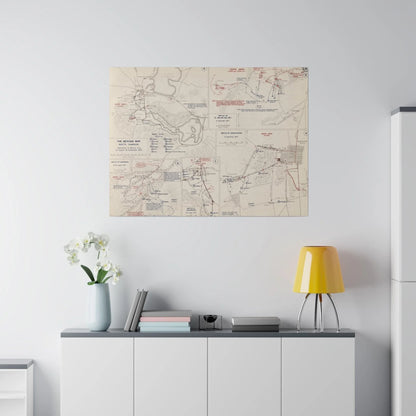 Close-up of textured canvas surface highlighting vintage print details and subtle color variations from a top-angle view.