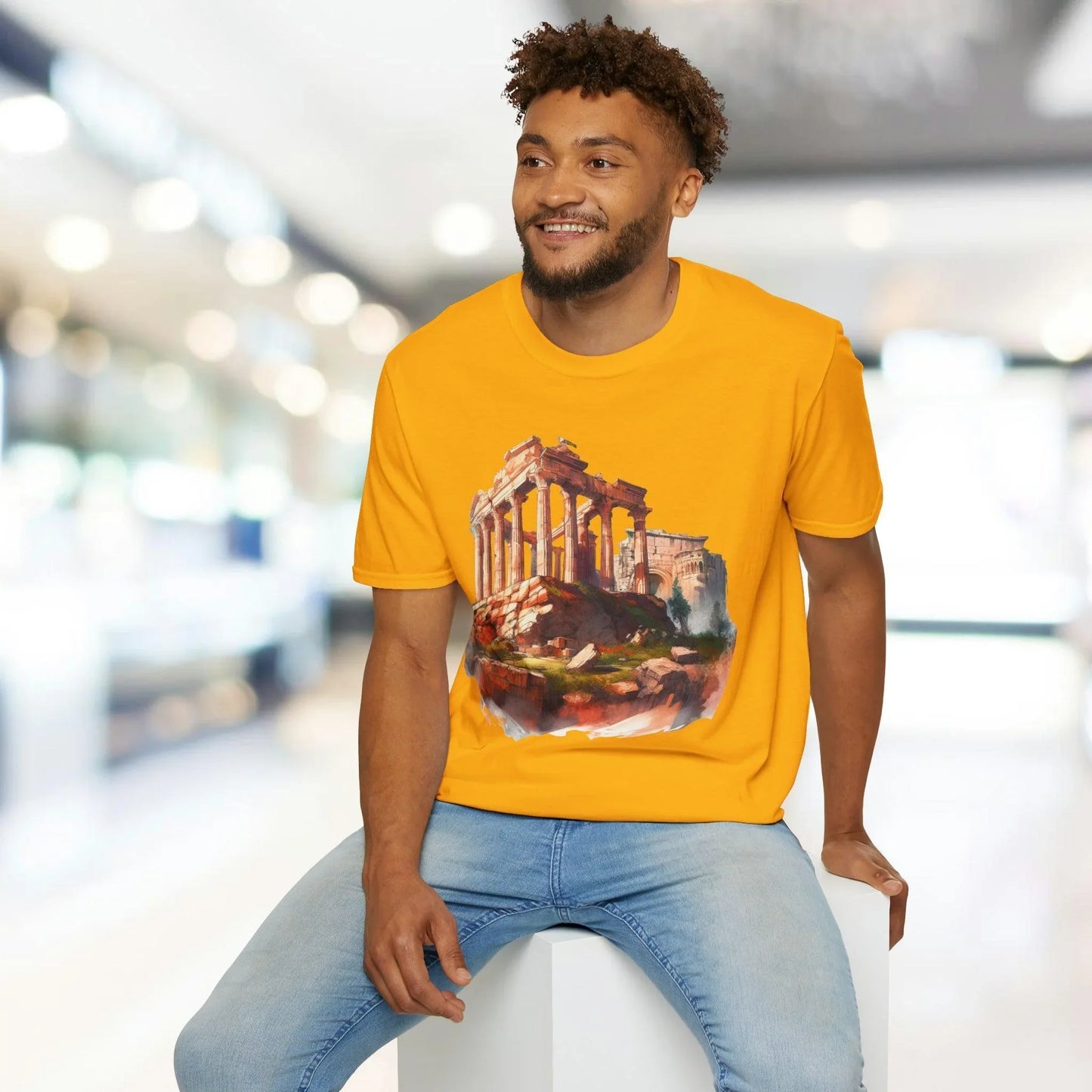 Close-up of the unisex softstyle fabric neckline showcasing smooth stitching and vibrant forest green color detail from