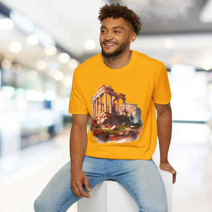 Close-up of the unisex softstyle fabric neckline showcasing smooth stitching and vibrant forest green color detail from