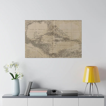 Close-up of the colorful west indies map detailing island labels and vibrant border design on textured canvas surface.