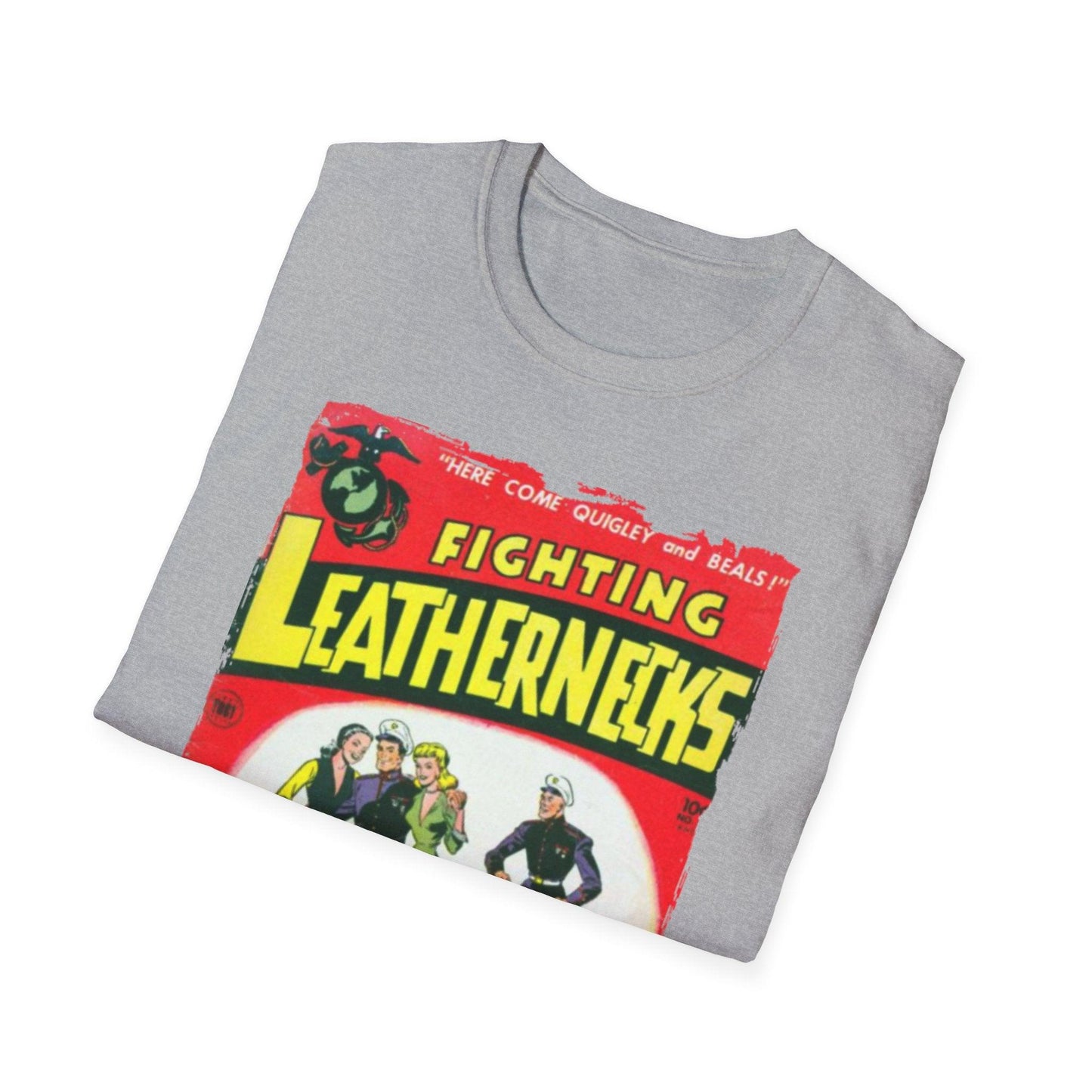 Close-up of the Fighting Leathernecks #4 graphic print on the front chest area of the unisex softstyle T-shirt, showcasing