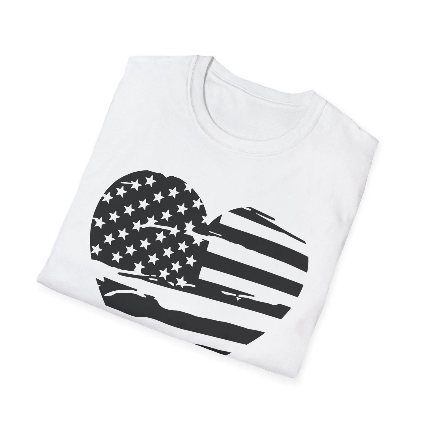 Close-up of the American Heart B&W unisex softstyle T-shirt’s neckline, showing reinforced stitching and smooth fabric