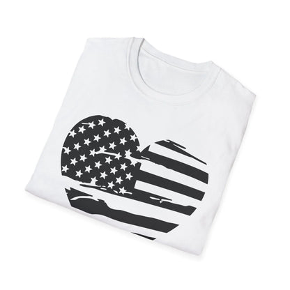 Close-up of the American Heart B&W unisex softstyle T-shirt’s neckline, showing reinforced stitching and smooth fabric
