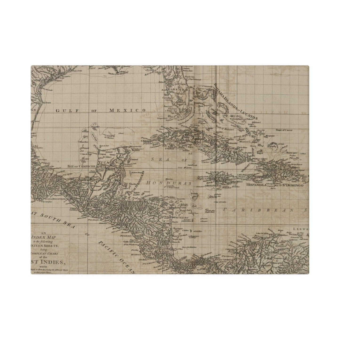 Close-up of the detailed watercolor texture and subtle color variations on the Chart of the West Indies canvas print