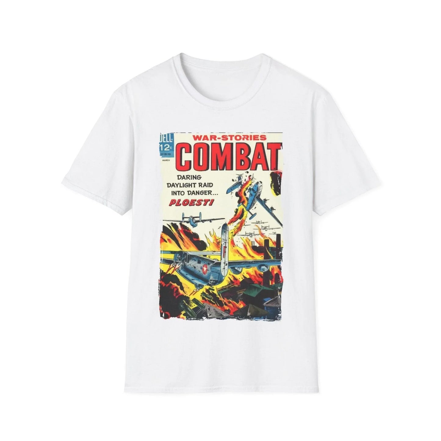 Close-up of the unisex softstyle T-shirt’s neckline showing reinforced stitching and smooth fabric texture in deep navy