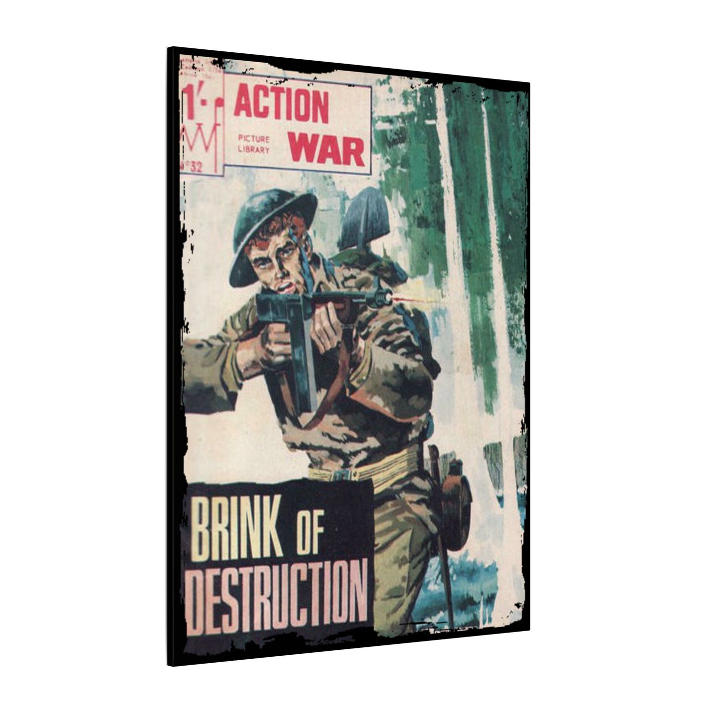 Close-up of Action War #32 comic book cover detail highlighting vibrant red and black artwork on textured canvas surface