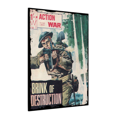 Close-up of Action War #32 comic book cover detail highlighting vibrant red and black artwork on textured canvas surface