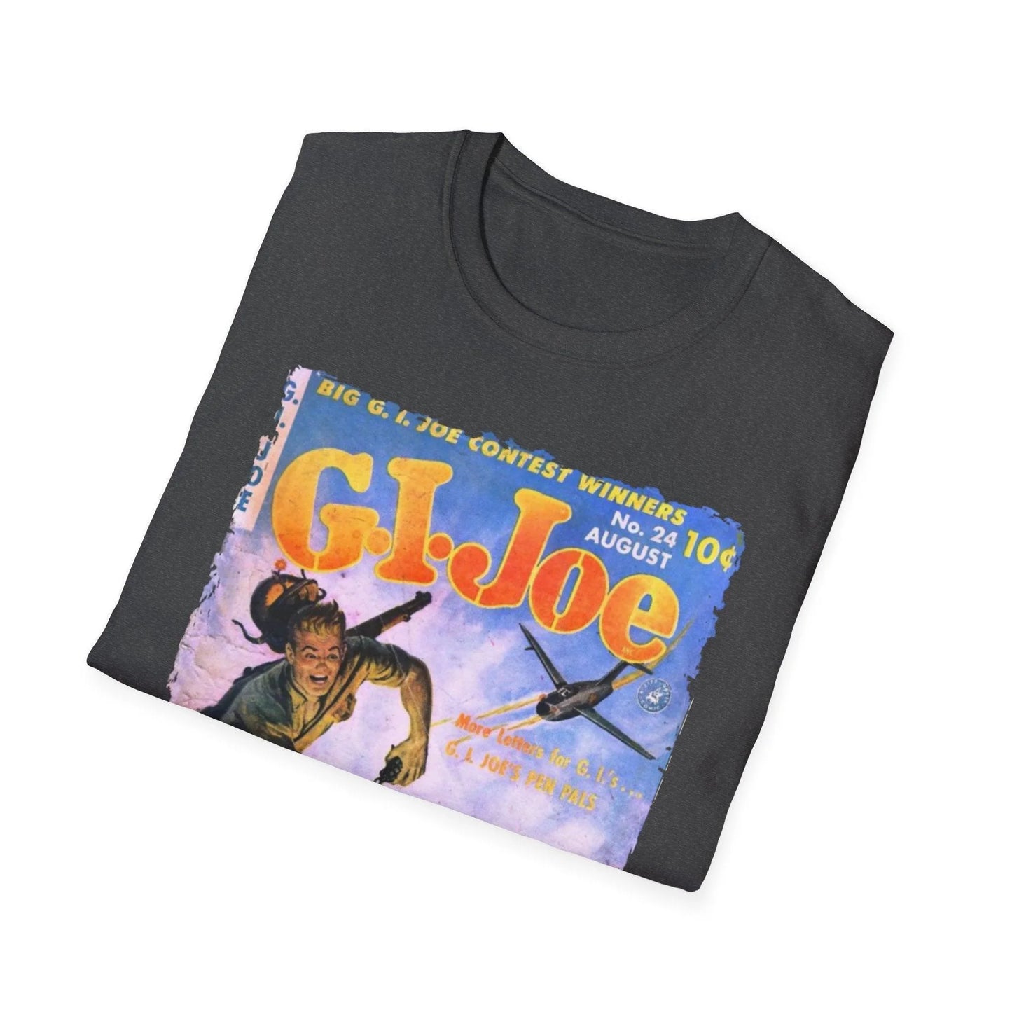 Front view of the G.I. Joe No.24 unisex softstyle T-shirt displaying navy blue color, ribbed crew neckline, and