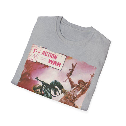 Close-up of the unisex softstyle T-shirt’s textured fabric weave in vibrant crimson, highlighting the relaxed fit and ribbed