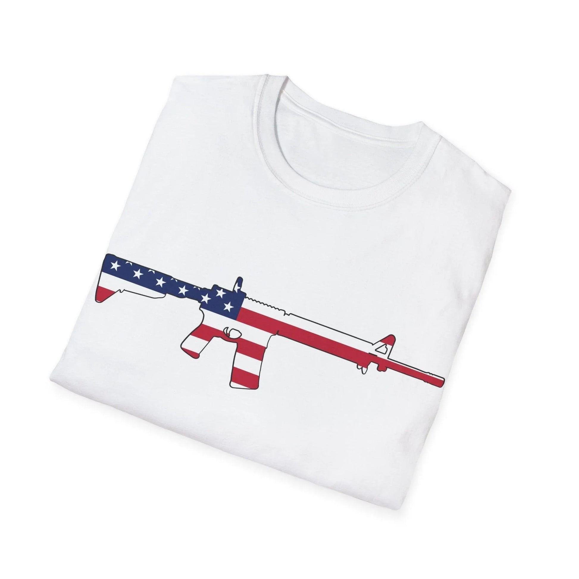 Close-up of the unisex softstyle fabric showing vibrant red, white, and blue American flag colors and finely stitched seams