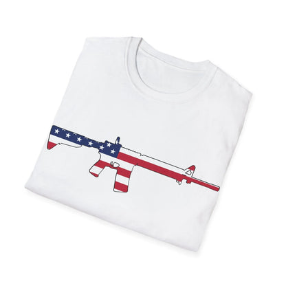 Close-up of the unisex softstyle fabric showing vibrant red, white, and blue American flag colors and finely stitched seams