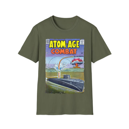 Close-up of the Atom-Age Combat No.2 T-shirt’s back neckline featuring a stitched label and subtle fabric texture in forest