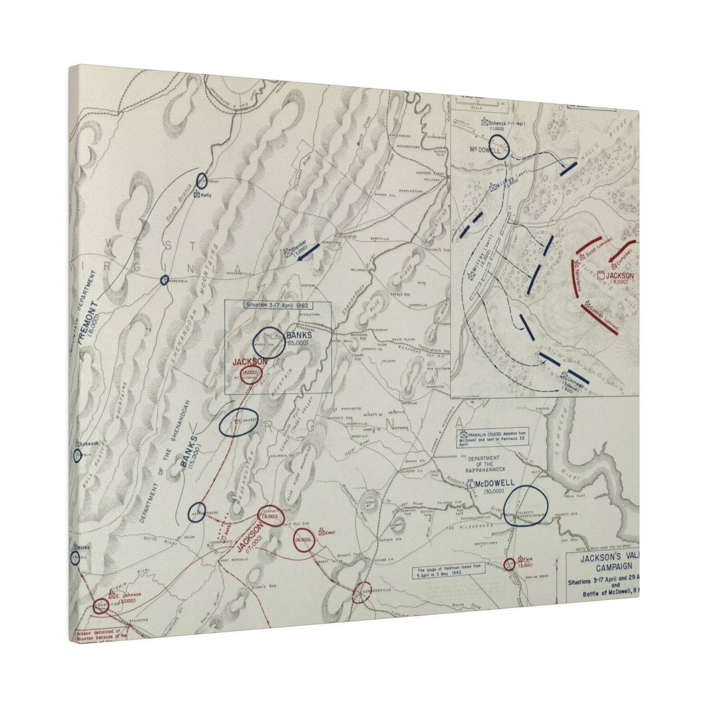 Close-up of canvas texture highlighting brushstroke details capturing the Battle of McDowell scene from an overhead angle.