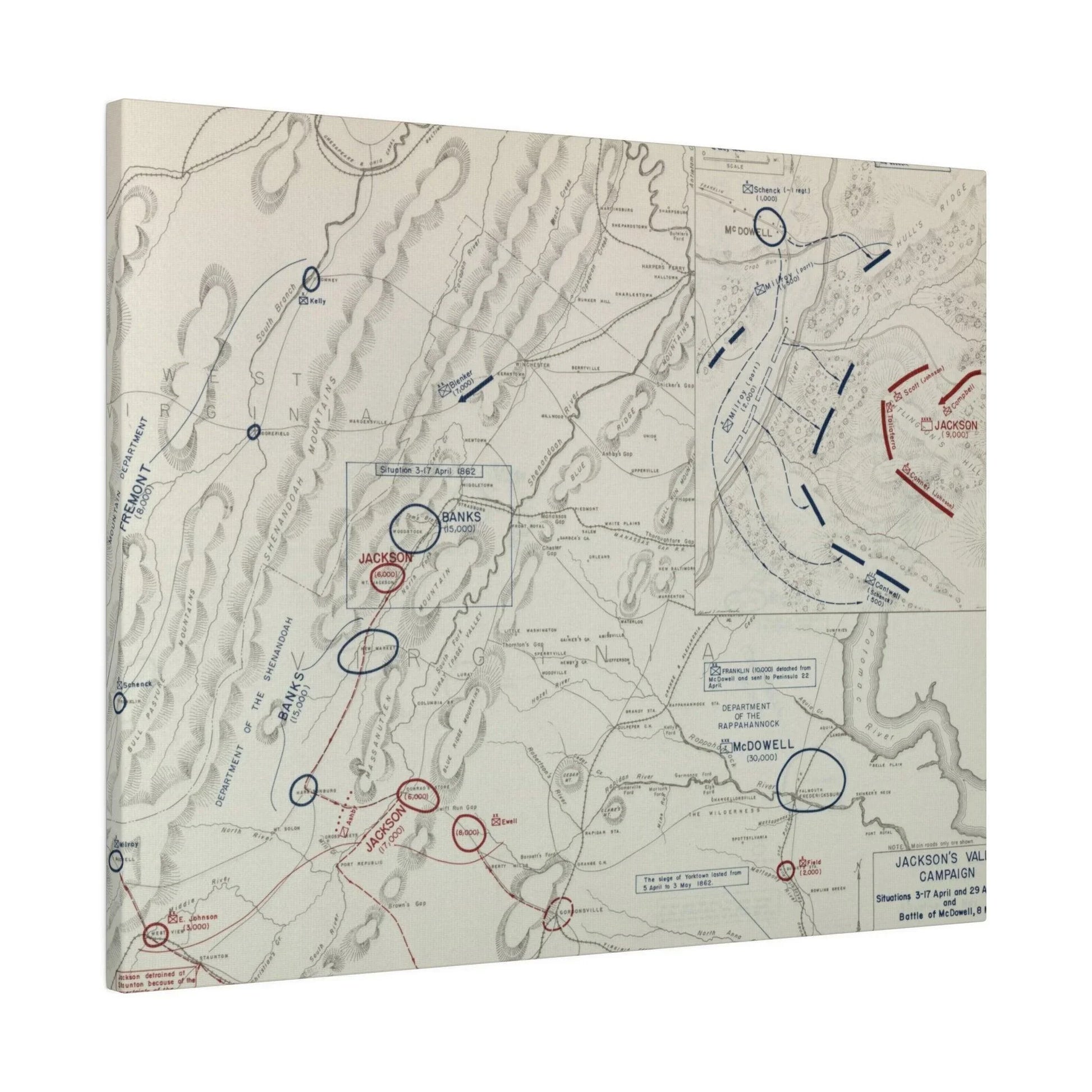 Close-up of canvas texture highlighting brushstroke details capturing the Battle of McDowell scene from an overhead angle.