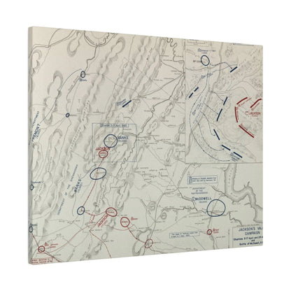 Close-up of canvas texture highlighting brushstroke details capturing the Battle of McDowell scene from an overhead angle.