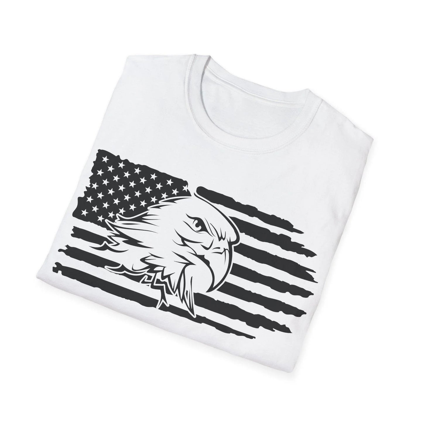 Close-up of distressed black and white American flag print on soft cotton fabric, highlighting the eagle detail and faded