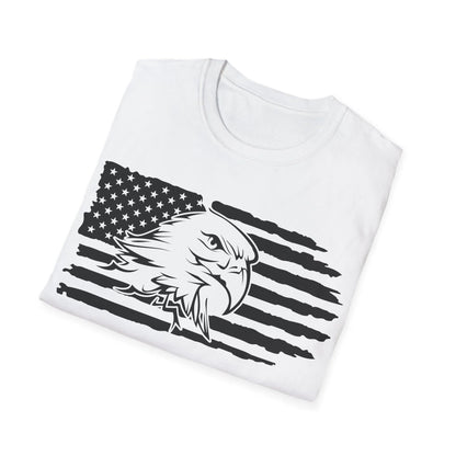 Close-up of distressed black and white American flag print on soft cotton fabric, highlighting the eagle detail and faded