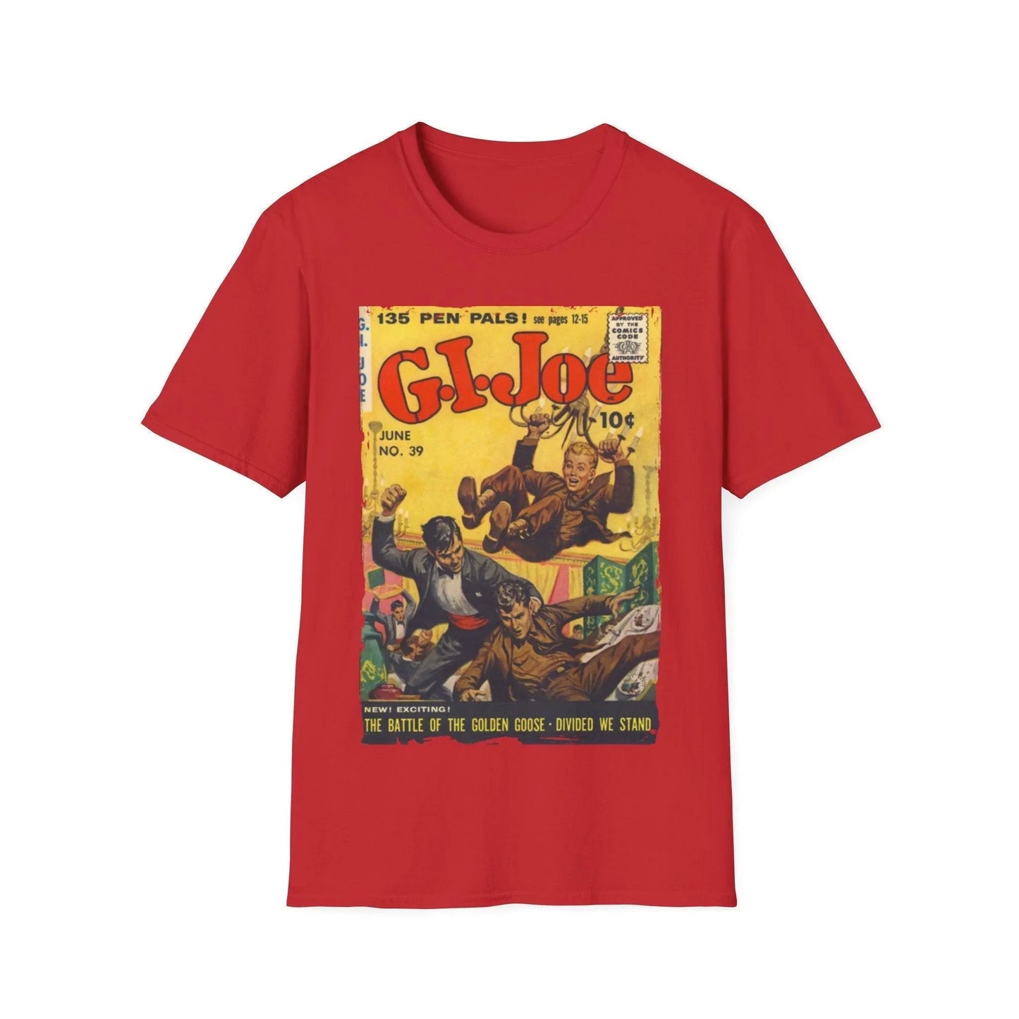 Close-up of the G.I. Joe No.39 softstyle T-shirt neckline showing reinforced stitching and subtle fabric texture in vibrant