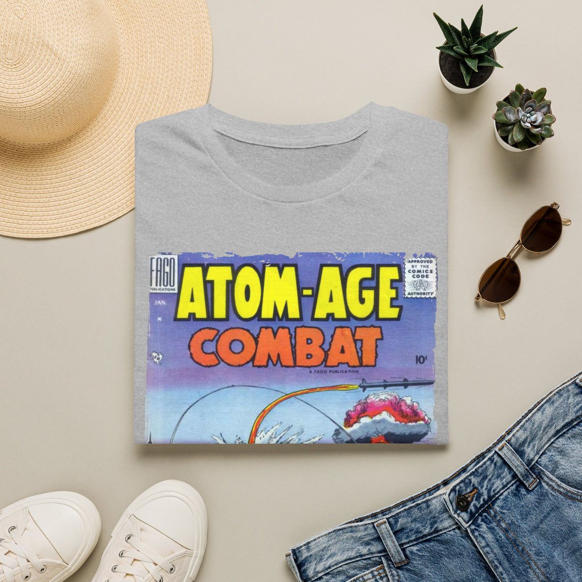 Close-up of the Atom-Age Combat No.2 T-shirt fabric displaying its soft, lightweight cotton blend in faded black with
