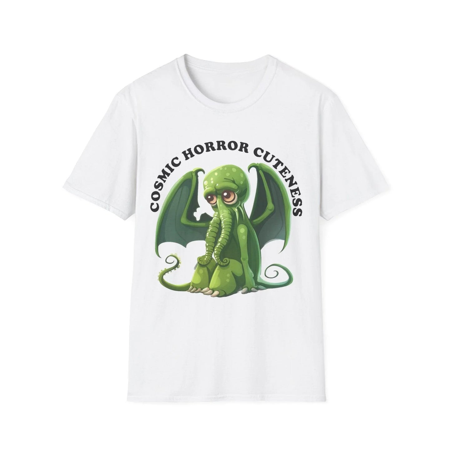 Printify unisex cotton crew neck T-shirt featuring cosmic horror-themed graphic, regular fit, short sleeves, in black with