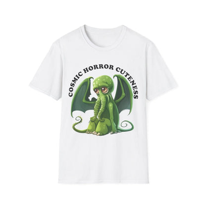 Printify unisex cotton crew neck T-shirt featuring cosmic horror-themed graphic, regular fit, short sleeves, in black with