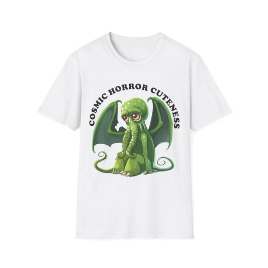 Printify unisex cotton crew neck T-shirt featuring cosmic horror-themed graphic, regular fit, short sleeves, in black with