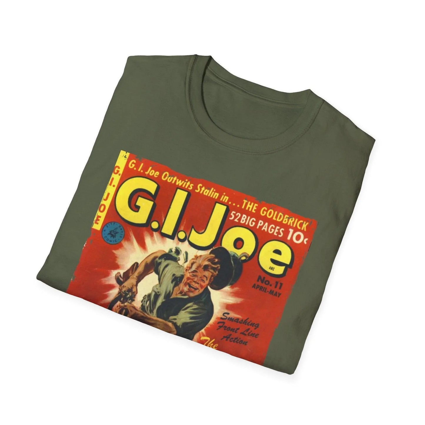Close-up of G.I. Joe No.11 Apr unisex softstyle T-shirt’s navy fabric showing smooth cotton blend texture and stitched