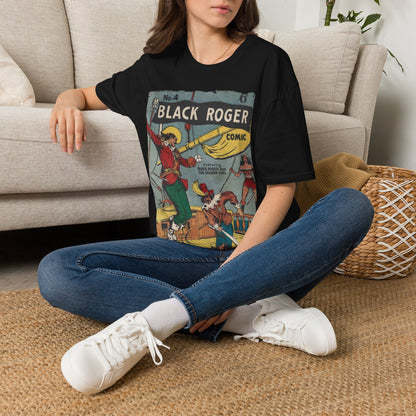 Close-up of the Black Roger No.4 unisex softstyle T-shirt's interior neckline tag showing fabric composition and stitching