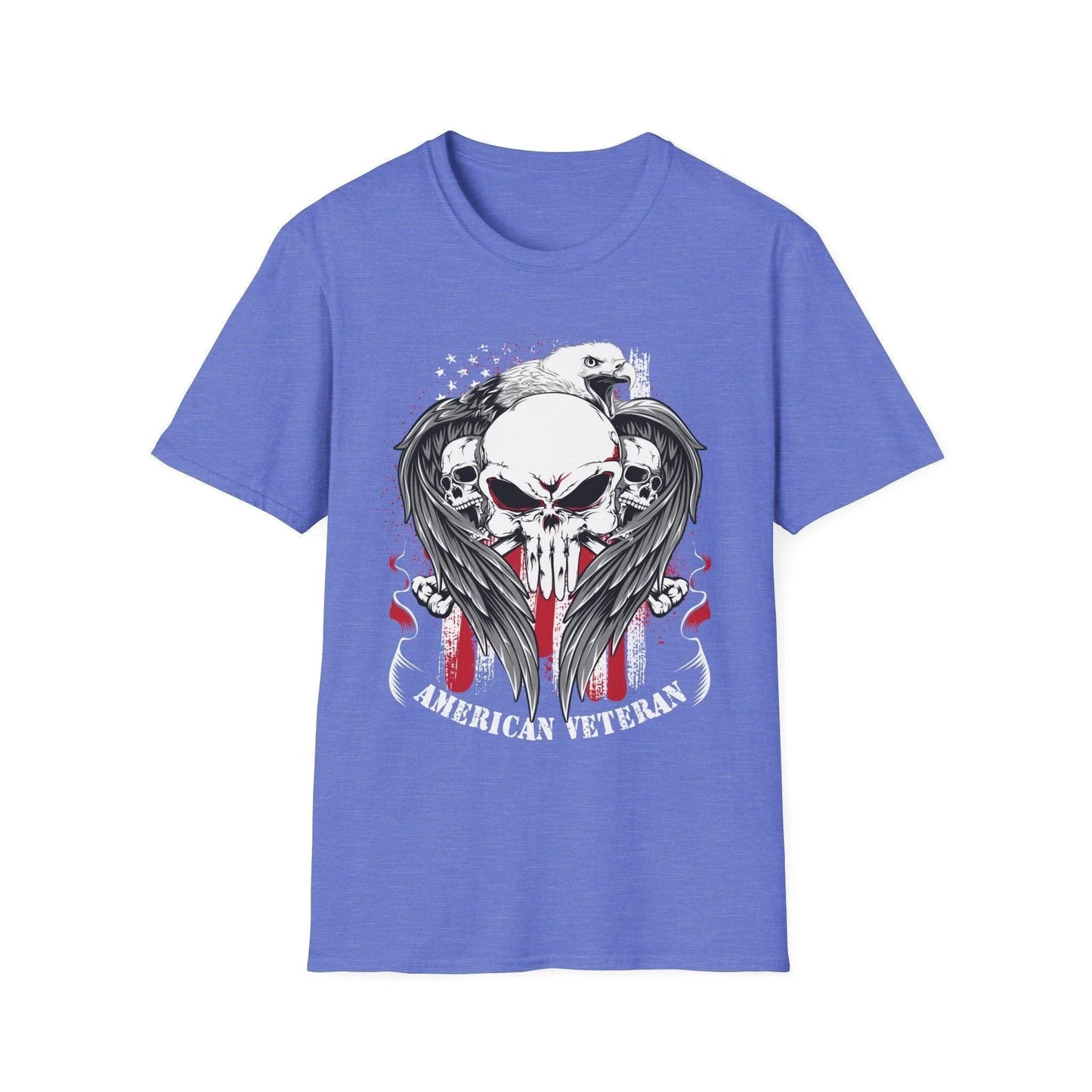 Front close-up highlighting the unisex relaxed fit, featuring the American Veteran logo printed on soft cotton fabric with a